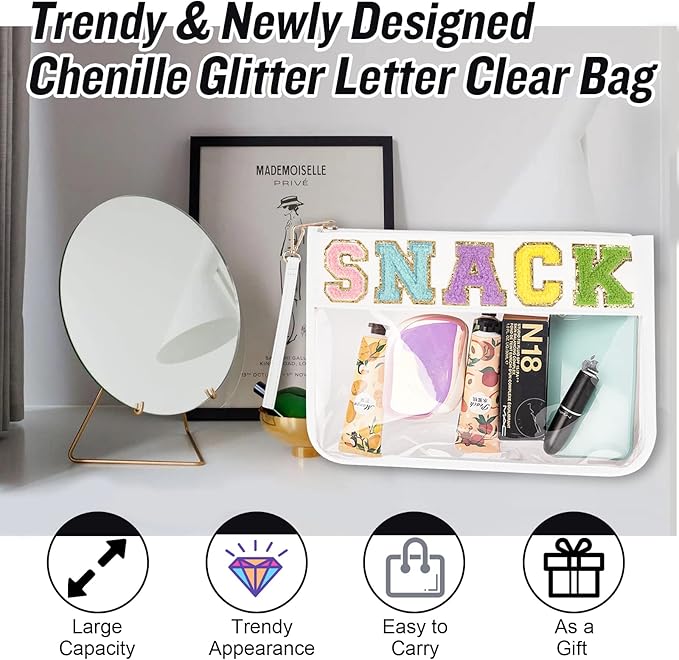 Chenille Letter Clear Snack Bags Purse Pouch, Monogram PVC & PU Clear Zipper Pouch with Wristlet, Waterproof Portable Glitter Makeup Beach Toiletry Bag for Women Girls (SNACK-White)
