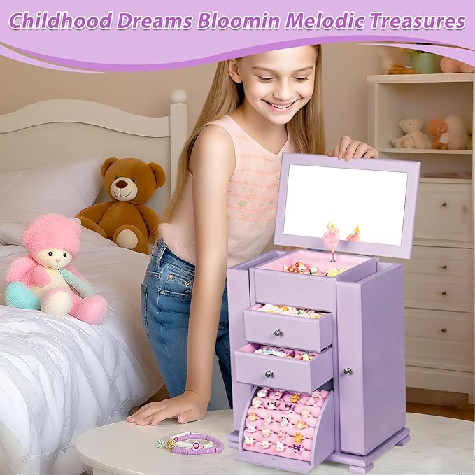 Emfogo Musical Jewelry Box for Girls, Large Kid Music Box with Ballerina for Birthday Bedroom Decor, 5 Layer Girl Jewelry Gifts for Girls Kids - Purple