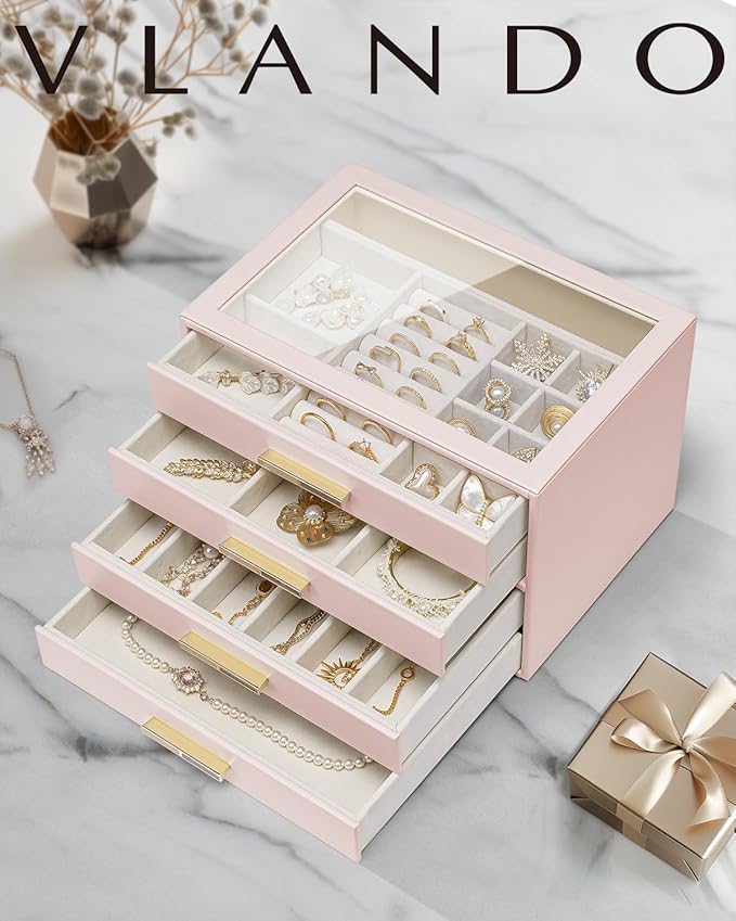 VLANDO 4 Layer Jewelry Box for Women, Glass Lid Jewelry Organizer with 4 Drawers for Necklaces Rings Earrings Bracelets - Dark Pink