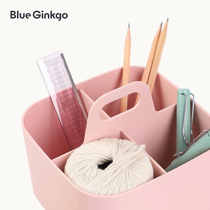 BLUE GINKGO Small Stackable Organizer Caddy – Korean-Made Portable Tote for Bathroom, Office, Crafts, or School Supplies (Square, Pink)