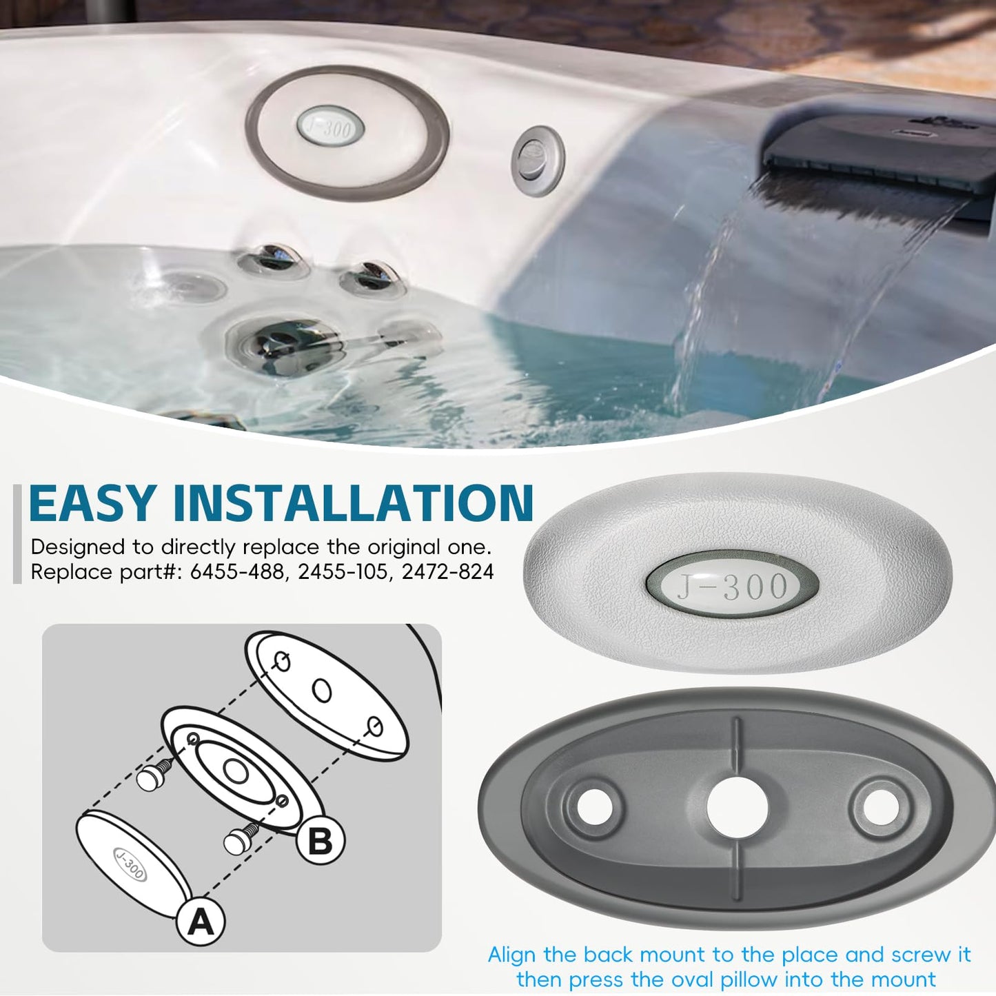 4 Pack 2472-824 Spa Oval Pillow Insert and Back Mount Fit for 2004–2018 Jacuzzi J-300 Series Hot Tubs & Spas, 2455-263 Hot Tub Headrest Replacement Spa Pillows - Enhanced Support