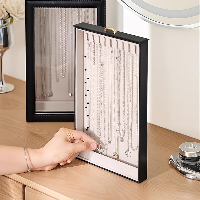 Lolalet Necklace Organizer Box, Jewelry Storage Box with Clear Window for Necklaces Bracelets, Tangle-Free Necklace Display Case for Women Girls -Black, 2 Layers 20 Hooks