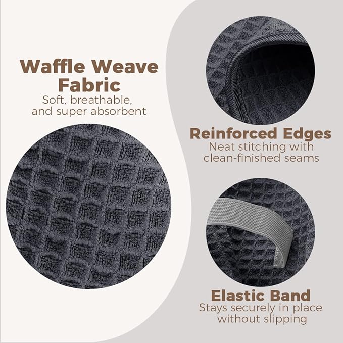 HOMEXCEL 2 Pack Large Microfiber Hair Towels Waffle Weave- 40 x 26.5 inches Fast Drying Turbans for Long, Thick, Curly Hair - Anti Frizz Wrap with Elastic Strap, Black/Grey