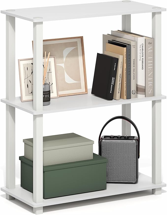 Furinno Turn-S-Tube Storage Shelves, 3-Tier Book Shelf, Corner Shelf, Toolless Open Frame Standing Shelves, for Organization and Storage, Living Room, Garage, Home Office, White