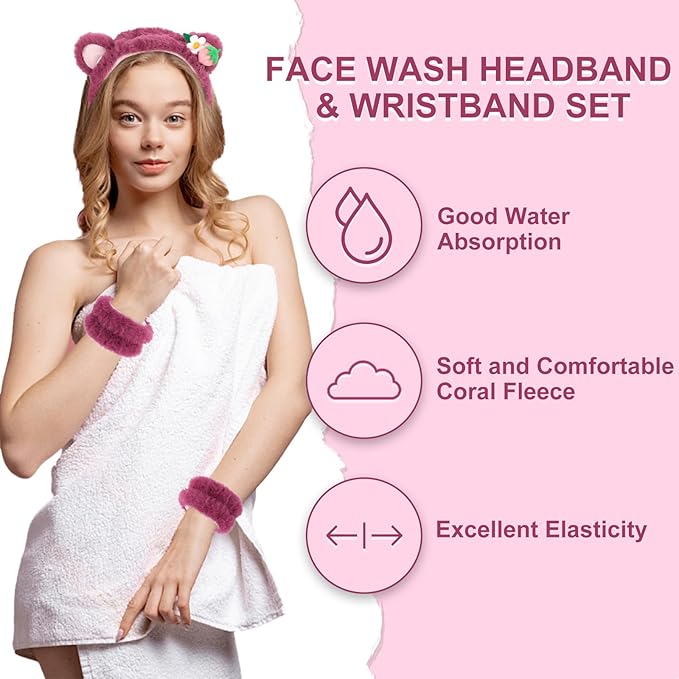 CAVETEE 3 Piece Pink Bear Ears Headband Set - Elastic Headband, Wristband for Women, Girls Wash Face, Skincare, Shower