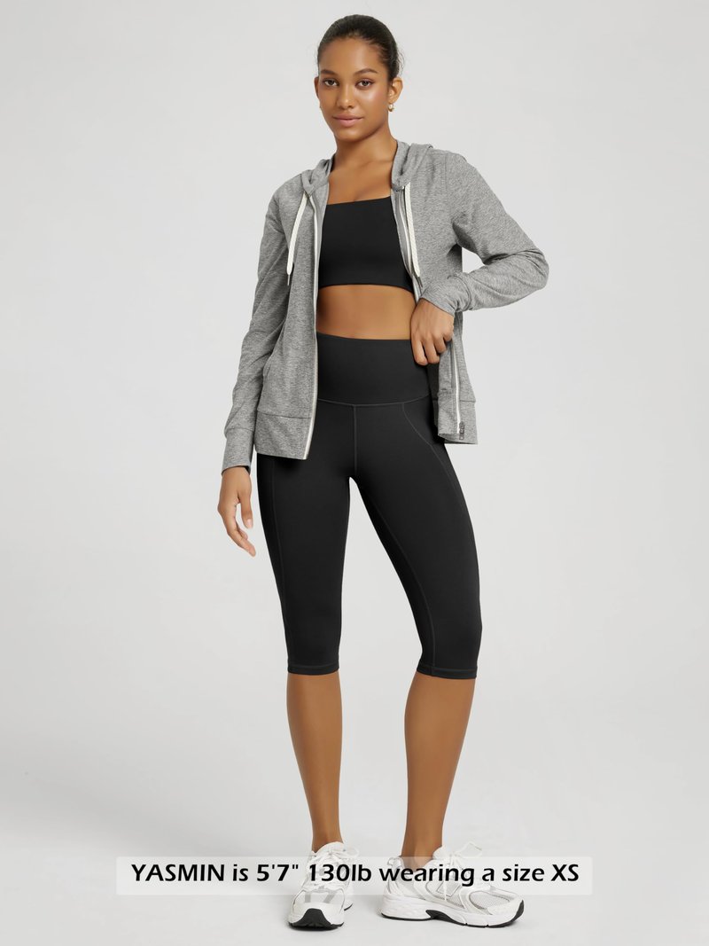 ODODOS Women's Knee Length High Waisted Yoga Capri Leggings with Pockets, Workout Running Sports Athletic Yoga Capris, Black, Large