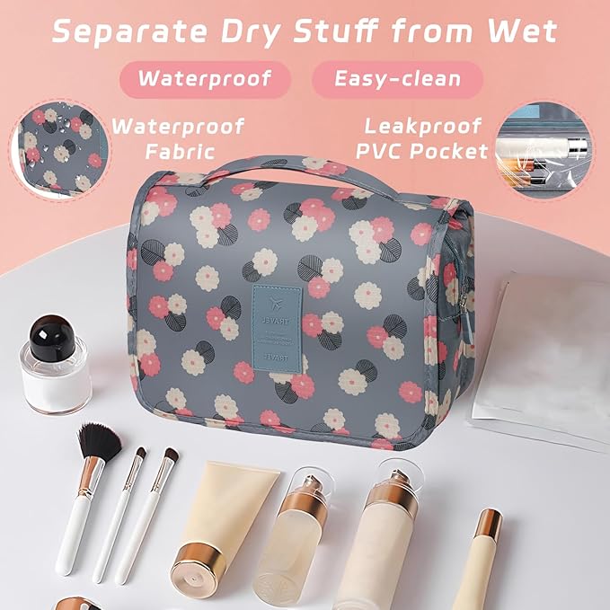 Toiletry Bag Travel Bag with Hanging Hook, Waterproof Capacity Hanging Multifunctional Makeup Bag for Toiletries, Portable Cosmetic Bag Travel Organizer for Women and Men(Blue Flower)