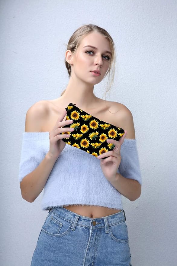 Deanfun Makeup Case Small, Cosmetic Zipper Bag Waterproof for Purse Mini, Women Cute Traveling Accessories Pouch for Ladies Thanksgiving Gifts(Sunflower D2-52355)