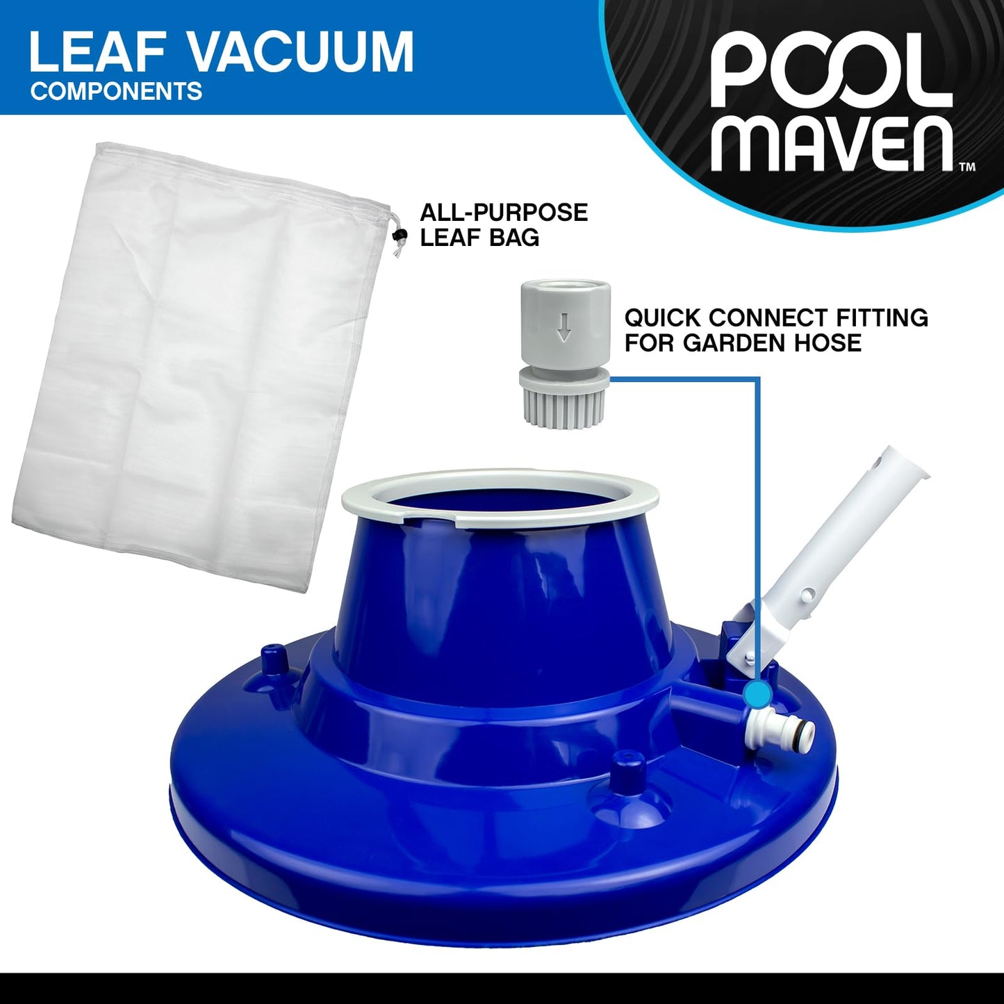 POOLMAVEN Heavy-Duty Pool Leaf Vacuum Head, Garden Hose Powered 15″ Cleaner with Large Mesh Bag for Inground and Above Ground Pools