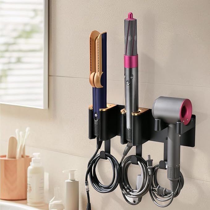 Hair Tool Organizer Wall Mount, Hair Dryer and Curling Iron Storage, Hair Straightener Wall Holder, 3 in 1 Vanity Organizer, Aluminum Alloy (Hair Tools Not Included)