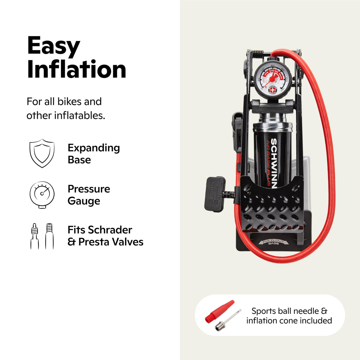 Schwinn Air Base Plus Foot Pump, Air Zone Pressure Gauge, High Pressure Foot Pump, Dual Head Nozzle Fits Both Schrader and Presta Valves, Max of 120 PSI, Black