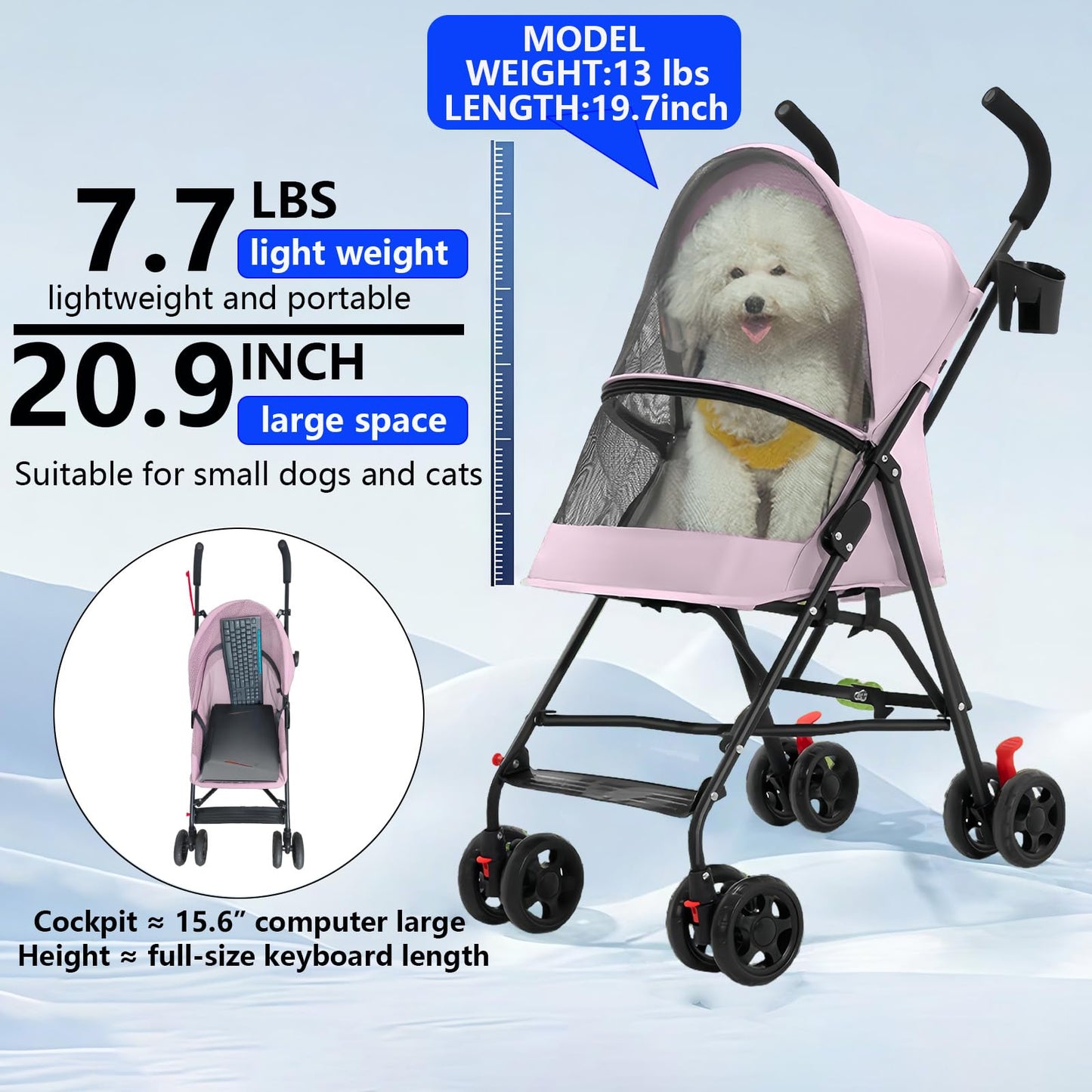 Pet Stroller for Small Dogs and Cats,CYUmail 4 Wheels Foldable Dog Stroller,Puppy Carrier for Small Dogs 0-15 lbs w/Cup Holder,Breathable Visible Mesh,Pink