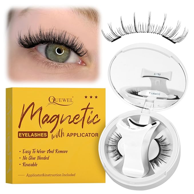 QUEWEL Magnetic Eyelashes with Applicator Reusable No Glue Needed Magnetic Lashes Cat Eye Natural Look Lashes Kit Easy to Wear and Remove(NZH C01)