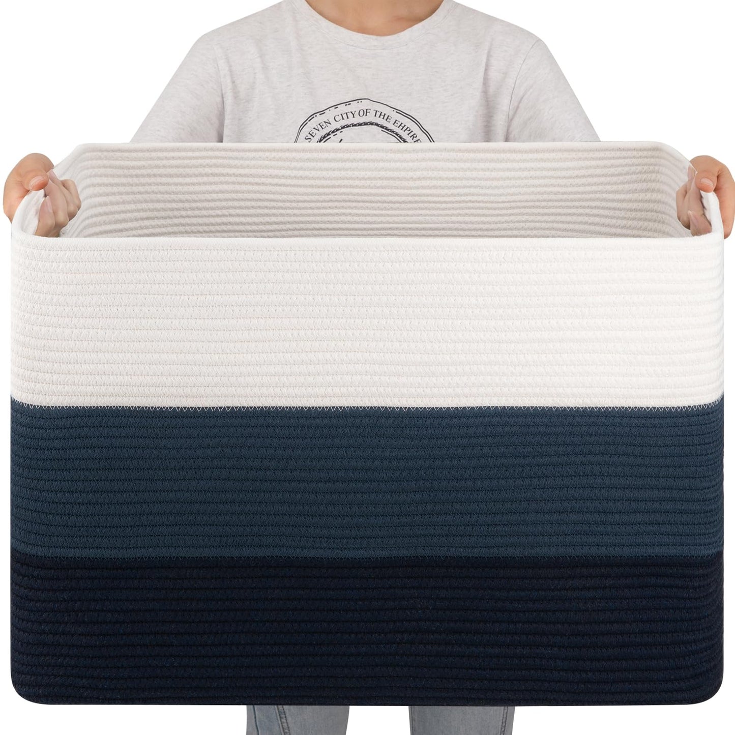 OIAHOMY 108L Super Large Blanket Basket, 25”x16”x16” Rectangle Woven Baskets for Storage, Cotton Rope Basket For Living Room, Toy Storage with Handle - Gradient Blue