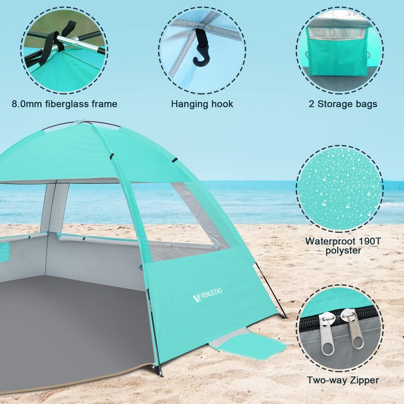 Venustas Beach Tent Sun Shelter for 3/4/6/8 Person, UPF 50+ UV Protection Beach Canopy, Lightweight and Easy Setup Cabana, Portable Beach Shade Tent