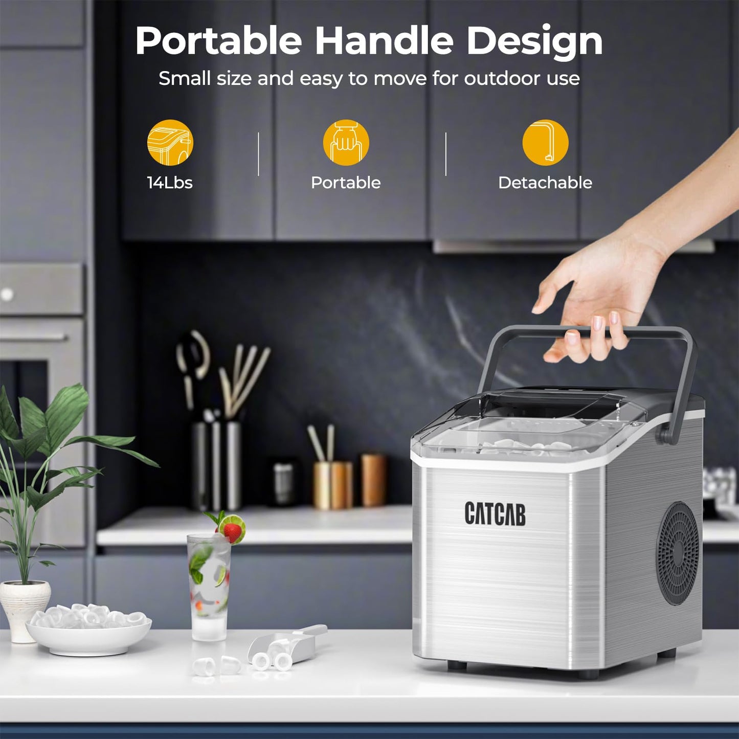 Ice Makers Countertop with Handle, 9 Ice Cubes in 6 Mins, 26.5Lbs/24H, 2 Sizes of Bullet Ice, Portable Ice Maker Machine with Self-Cleaning, for Home Kitchen Party RV Camping, Stainless Steel Silver