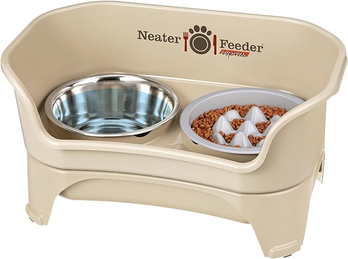 Neater Feeder Express Mess Proof Dog Bowls Elevated for Medium and Large Breed – Made in USA – No Spill Raised Slow Feeder Elevated Dog Bowl Stand, Slow Feed Food and Water Bowl Set, Almond