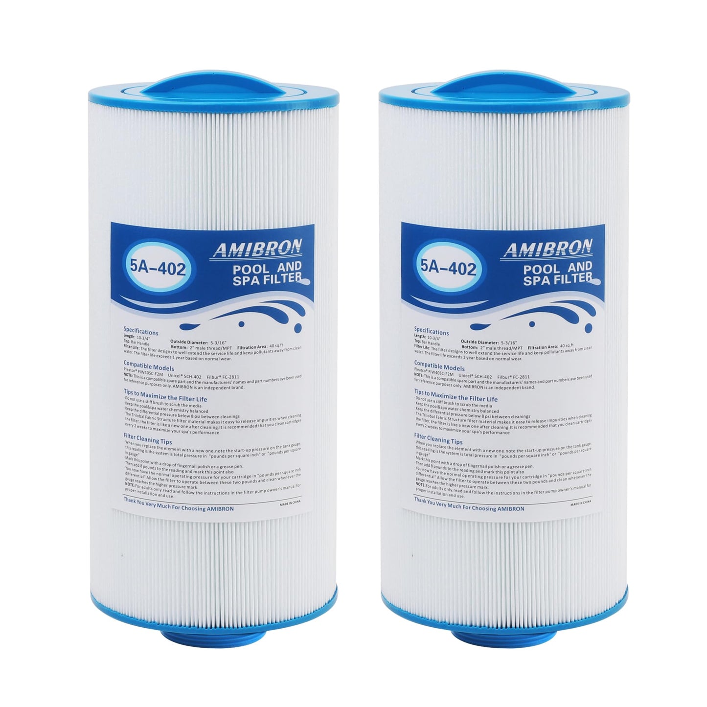 AmiBron 5CH-402 Replaces Tuff Spa Filter, Compatible with Sundance Spas 6540-723, Pleatco PJW40SC-F2M, Filbur FC-2811, Unicel 5CH-402, Del Sol Spas, 2" Male Thread/MPT 40 sq.ft. Hot Tub Filter 2 Pack