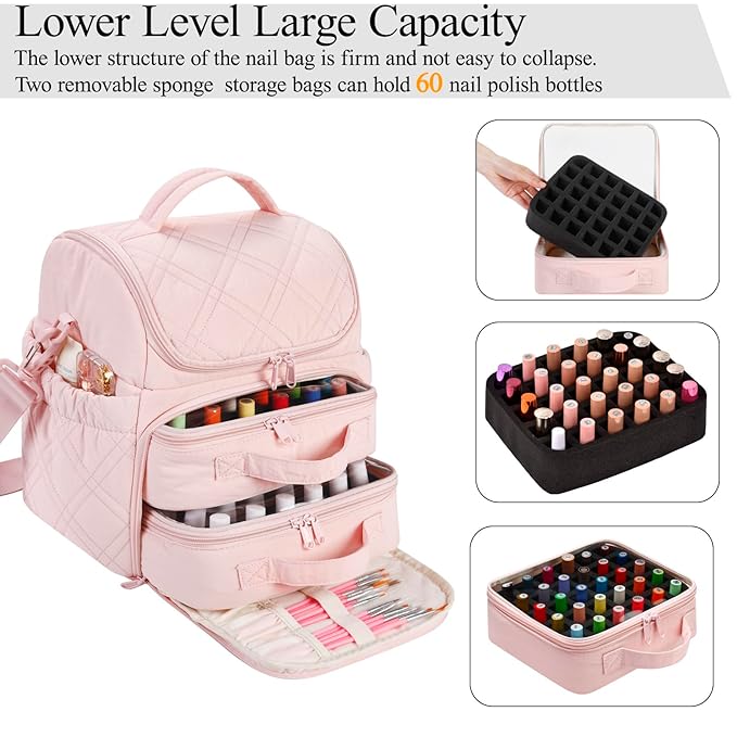 Nail Polish Organizer with 2 Detachable Cases Hold 60 Bottles & Nail Lamp, Portable Nail Organizers and Storage with Handle & Shoulder Strap, Travel Nail Bag for Manicure Tools