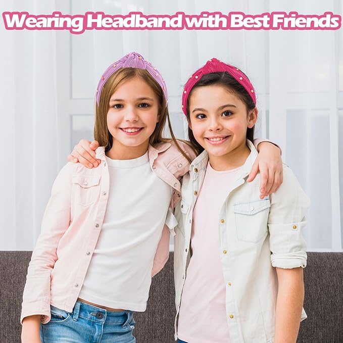Knotted Headbands for Girls Non Slip Girl Pearl Headband Wide Top Knot Head Bands Mommy and Me Fashion Hairband Womens Turban Hair Accessories(Rose red & Purple,2Pcs)