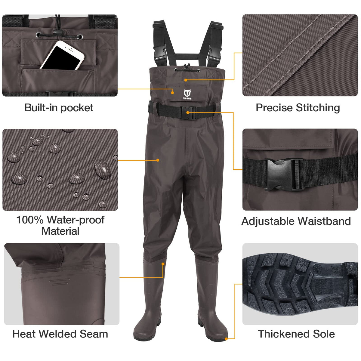 TIDEWE Bootfoot Chest Wader, 2-Ply Nylon/PVC Waterproof Fishing & Hunting Waders with Boot Hanger for Men and Women Brown Size 12