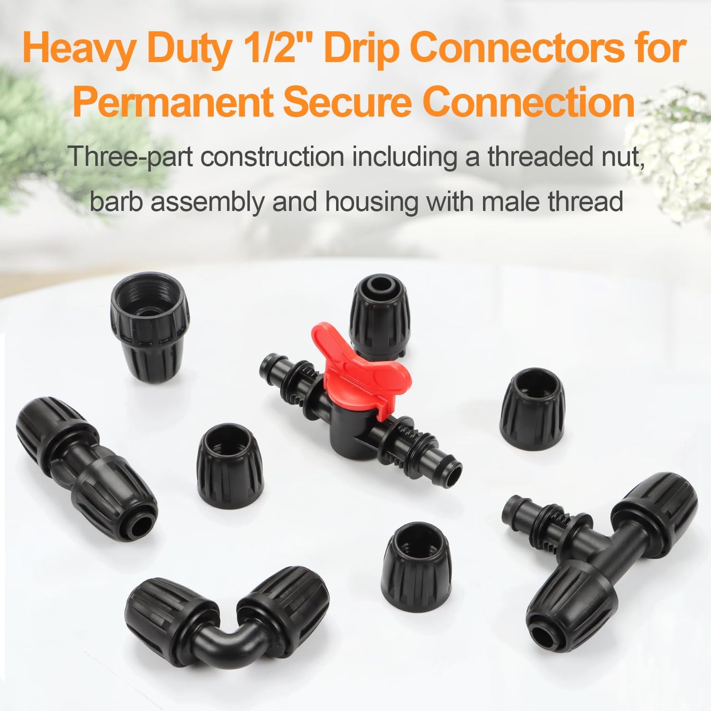 Copadri 21 Pieces1/2 Inch Drip Irrigation Fittings Kit, 1/2'' Drip Line Barbed Locked Connectors for 1/2 Inch Irrigation Tubing (1/2" ID x 0.650" OD) Coupling Tee Elbow Plug Valve Faucet Adapter