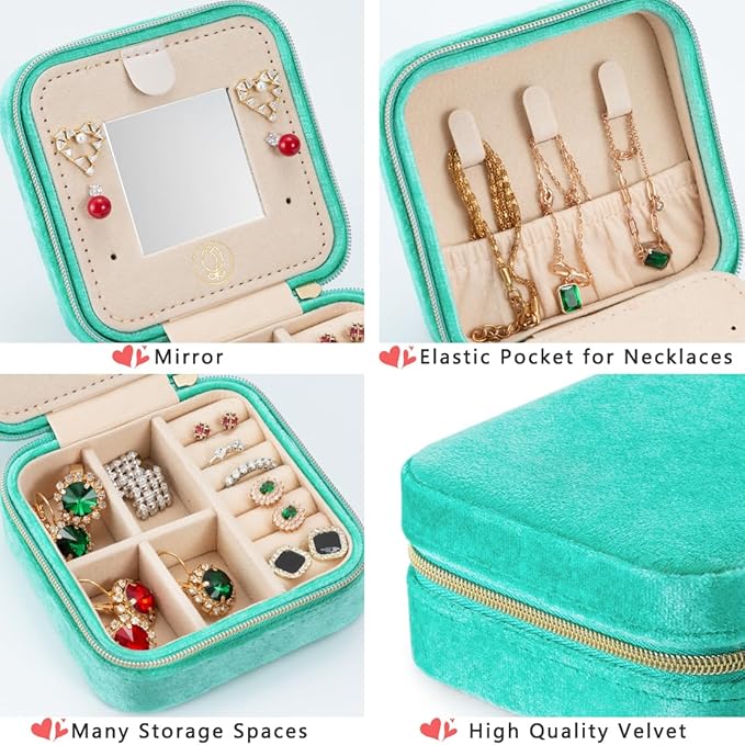 Plush Velvet Jewelry Travel Case,Small Jewelry Box,Traveling Jewelry Organizer, Portable Jewellery Storage Holder for Rings Earrings Necklace Bracelet, for Girls Women | CyanBlue-With Mirror
