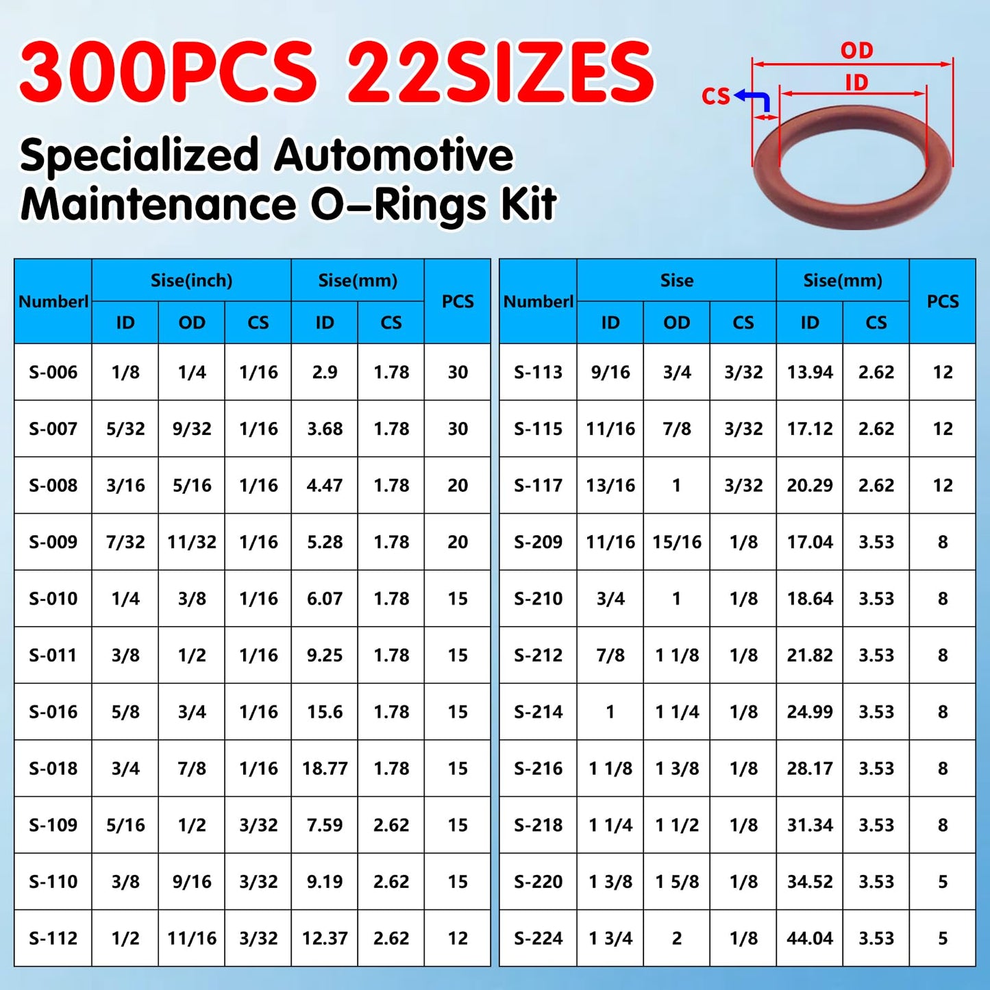 Langina 300pcs FKM Viton O-Ring Kit, 22Sizes SAE AS568 FKM O-Rings Set for Auto Fluid Systems, High Temp&Oil Resistant Viton Assortment, O Rings Repair Kit for Engine,Transmission&Brake Systems