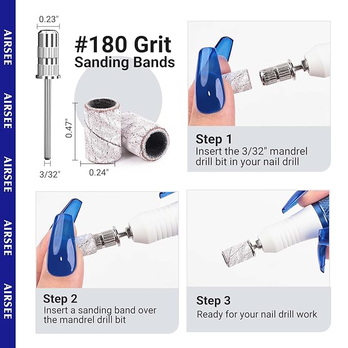 AIRSEE Sanding Bands for Electric Nail Drill 100 Piece Set 180 Grit Medium Acrylic File Attachments Professional 1 Sander Mandrel Bit Beauty Salon Accessories Manicure and Pedicure Finger Callus Zebra