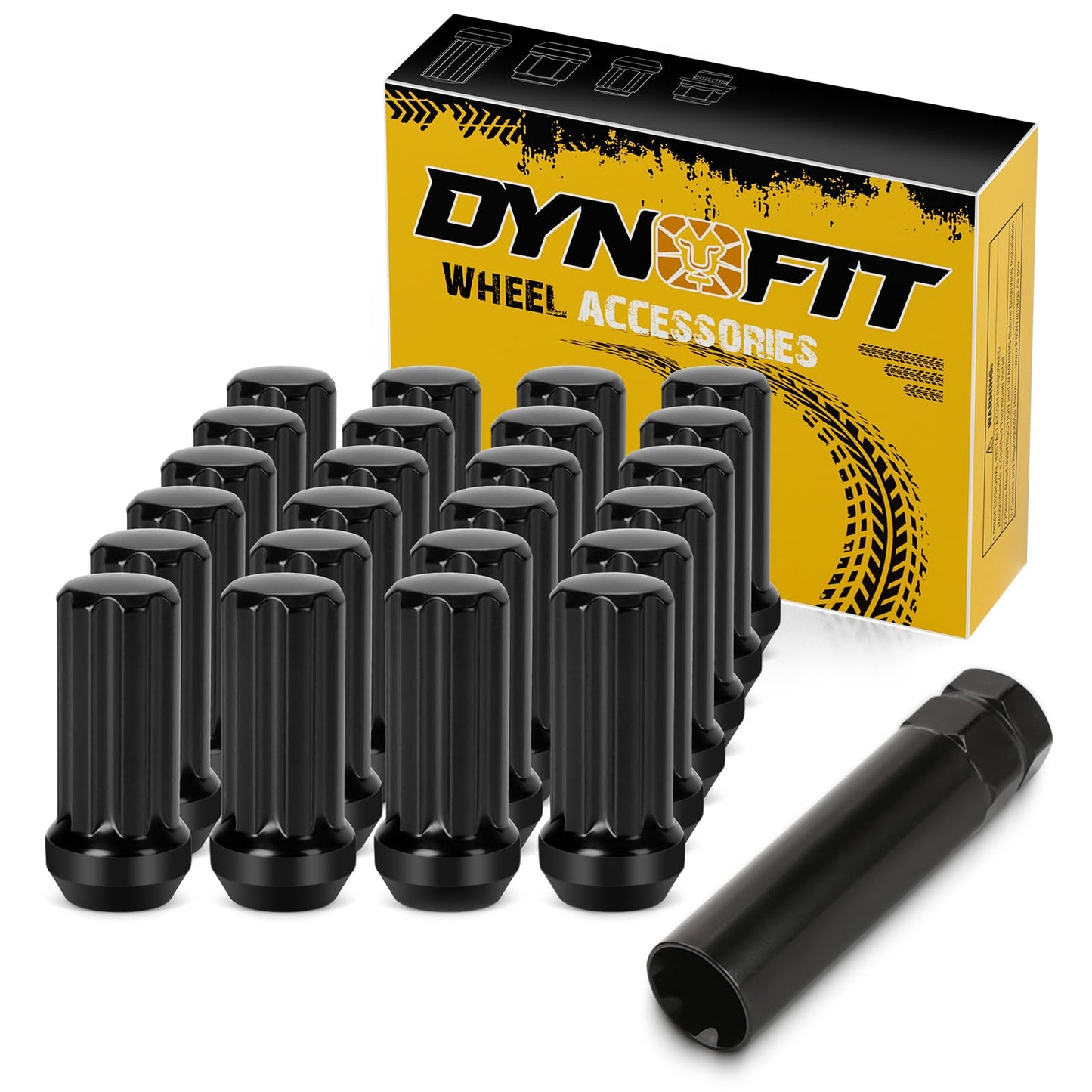 Dynofit 14x1.5 Spline Lug Nuts Compatible with Chevy Silverado 1500 GMC Sierra Ford,Aftermarket Wheel Lug Nuts Set for F150 2015-2024, 24PCS Black Truck Nuts Sets Include 1 Socket Key for Fuel Wheel