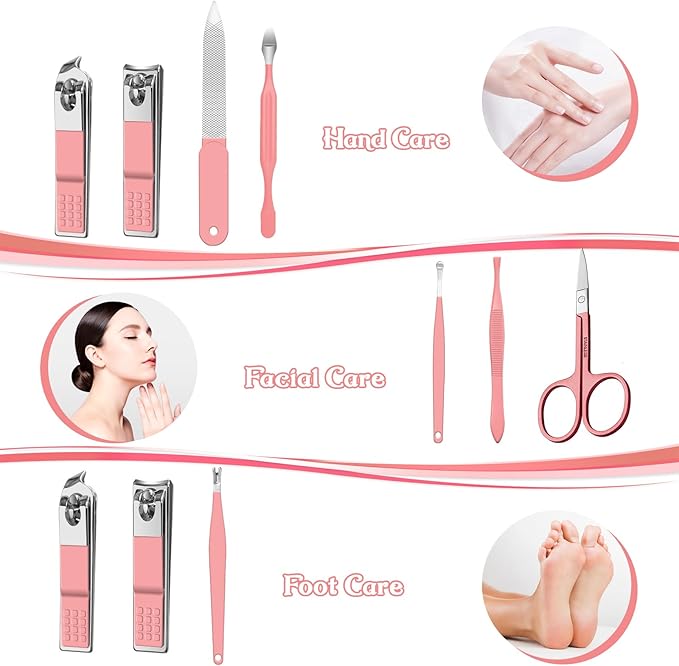 Manicure Set 8 in 1 Nail Clipper Set,RedFlow Nail Clippers,Fingernail & Toenail Clippers,Manicure Tools,Pedicure Tools,Suitable for Travel Manicure Kit,Nail Set Kit with Everything Profe (Pink)