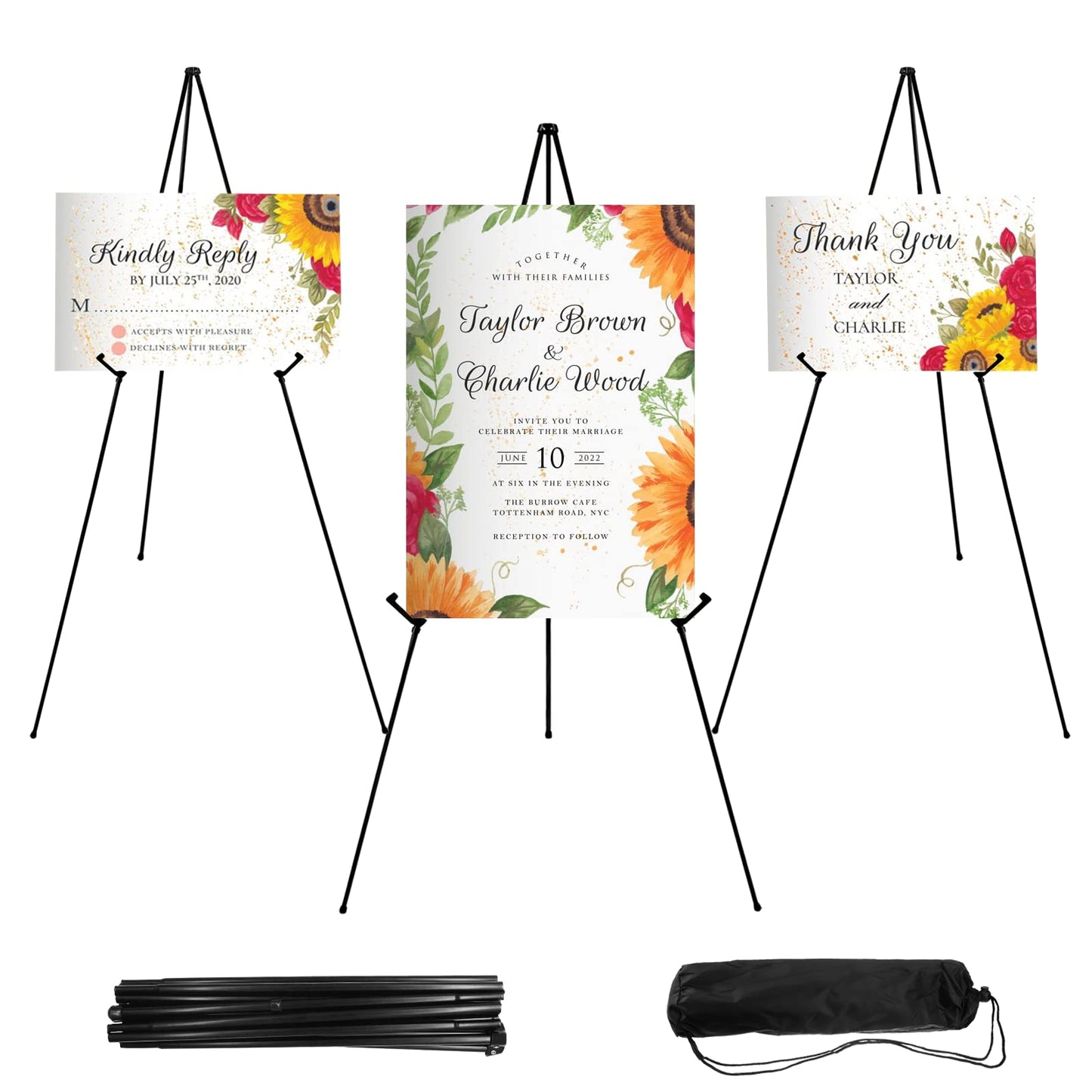 JEAWIWI 3PCS Black Easel Stand for Wedding Sign Stand, 66 Inch Lightweight Adjustable Art Easel for Display, Wedding Sign, Poster, Black Metal Easel with Portable Bags