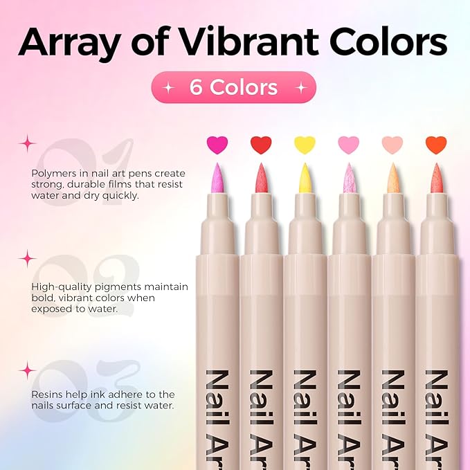 6 Colors Nail Art Pens Set, 3D Nail Polish Pens Quick-Drying Acrylic Paint Markers, Dotting Liner Brush for DIY Nail Design, Home & Salon Manicure Tools