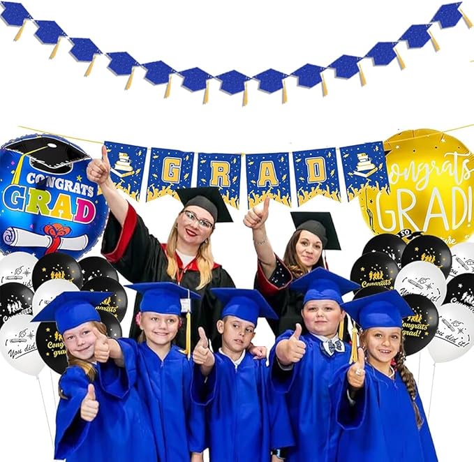 2026 Blue Glitter Graduation Decoration Hats Banners with Tassel Class of 2026 Graduation Banners Garlands for College High School Graduate Party Decorations