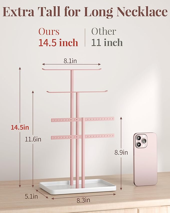 pickpiff Pink Jewelry Stand Holder Organizer: 14.5" Sturdy Hanger for 80 Pcs Jewelry, Jewlery Tower for Display Necklace, Earring, Bracelet, Watch