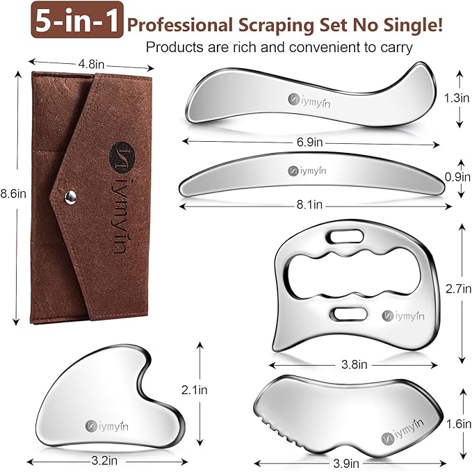 5-in-1 Stainless Steel Muscle & Fascia Scraper Tool Set, For Body Skin Massage and Sore Muscles, Myofascial, Iastm Tools, Soft Tissue Mobilization Tools, Full Body Gua Sha Kit, Great Gift Idea for Her