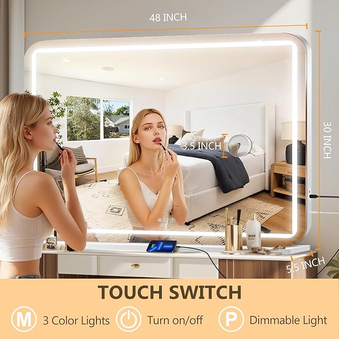 48" x 30" Vanity Mirror with Lights, Led Makeup Mirror, Lighted Makeup Mirror with 3 Color Dimmable Lights, Smart Touch Screen Control, Aluminum Metal Frame,USB Charging Port