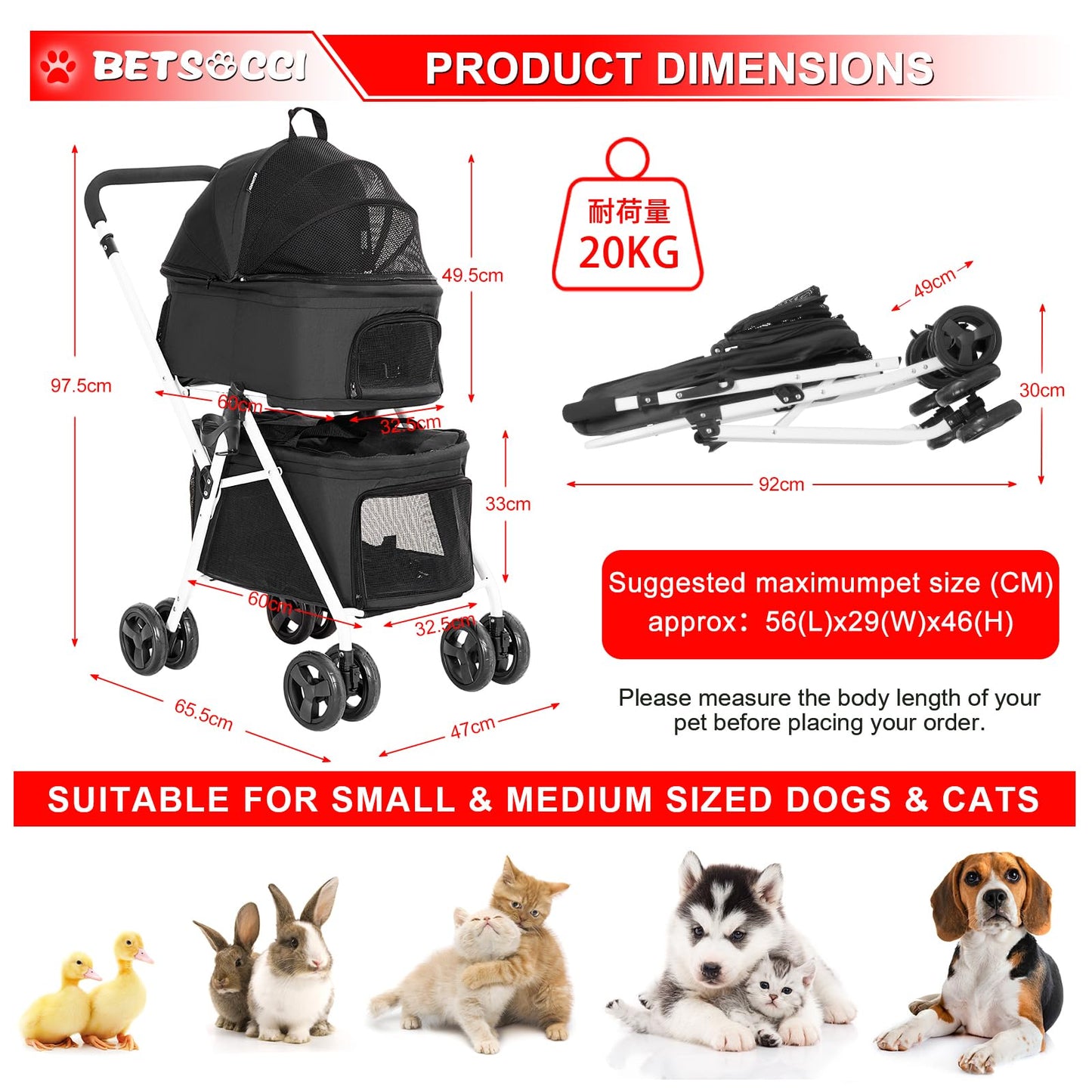 BETSOCCI Double Dog Stroller with 2 Detachable Carrier, Portable Pet Stroller for Small Dogs & Cats Folding Lightweight Puppy Travel Carriage, 4 Wheels, Black