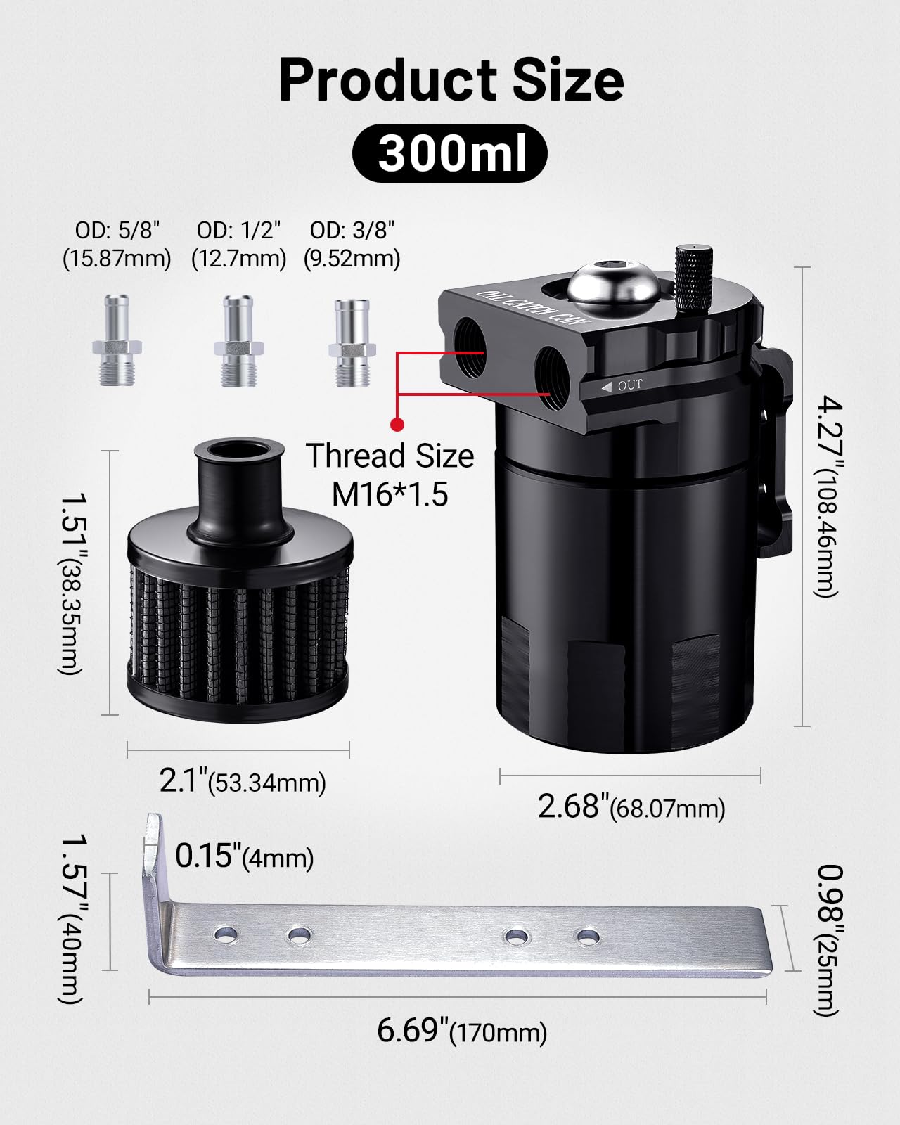 EVIL ENERGY Oil Catch Can, Universal Baffled Catch Can Kit with Breather Filter, 300ml Aluminum Air Oil Separator Tank NBR Fuel Hose Kits for PCV System