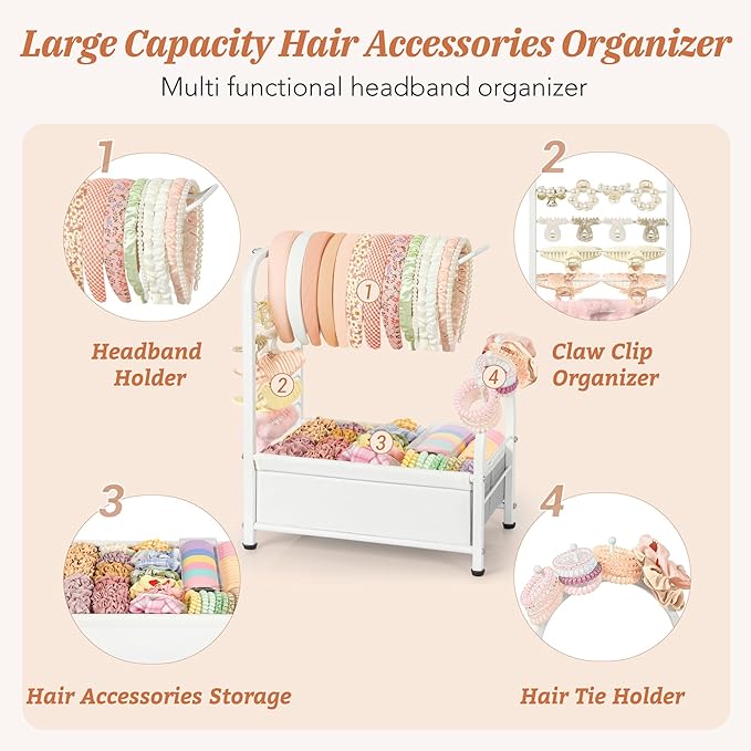 Keebofly Headband Holder Stand, Versatile Hair Accessories Organizer for Scrunchies, Hair Ties, Bows & Claw Clips - Large Compact Hair Accessories Storage for Girls, Women, Babies