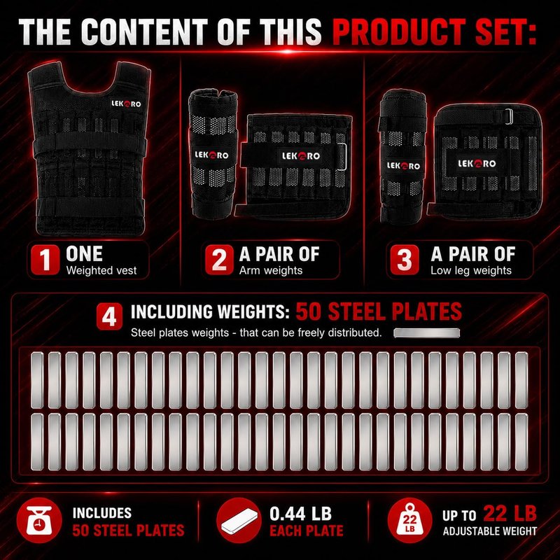 Weighted Vest Set 22LB for Men & Women, Adjustable Workout Weight Vest with Steel Plates, Weighted Training Vest with Wrist Weights and Ankle Weights for Strength Training, HIIT, Rucking & Cardio