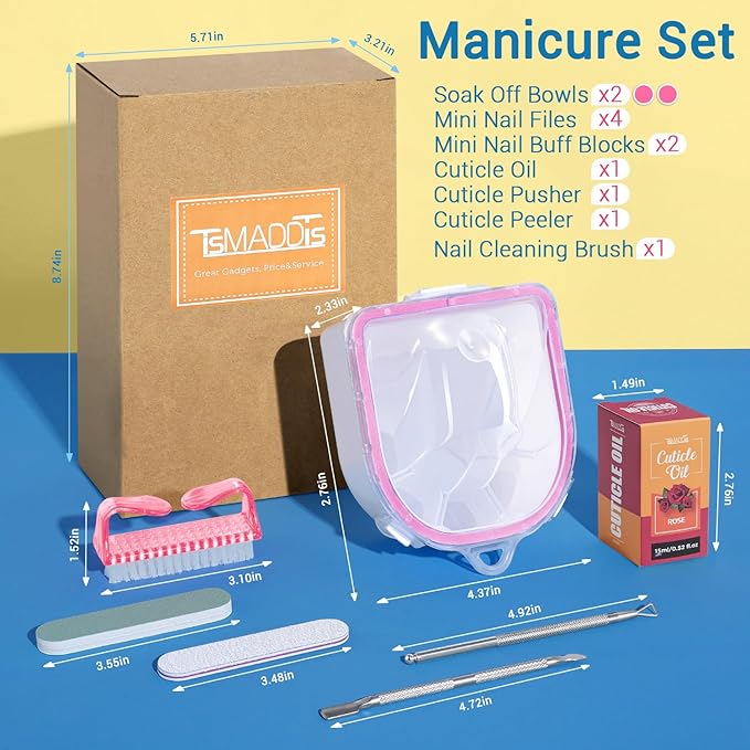 TsMADDTs Nail Polish Remover Kit with 2 pcs Nail Soaking Bowls Manicure Bowls for Hands, Cuticle Remover Tools, Cuticle Oil, Files, Buffers, Brush, Dip Removal Kit