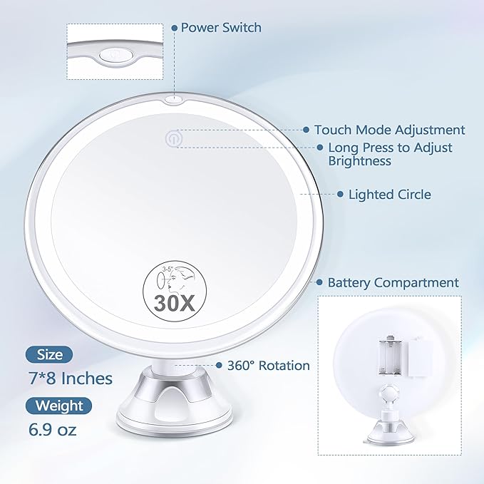 Magnifying Mirror with Light 30X, Lighted Makeup Mirror 30X for Precision Makeup, 3 Color Modes and Adjustable Brightness, 360° Swivel Magnifying Mirrors Suction Cup for Bathroom 8 Inches