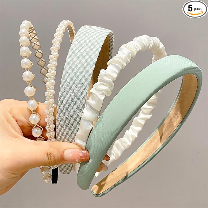 Fashion Headbands for Women Girls Headbands Set, 5pcs Pearl Headband Floral Head bands Padded Headbands for Women Vintage Wide Headband (Green)