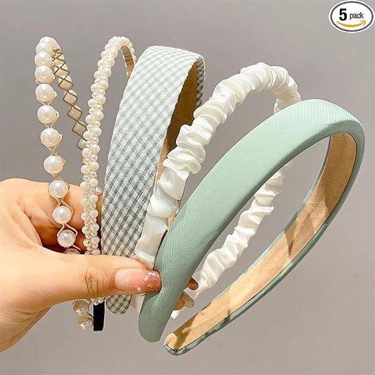 Fashion Headbands for Women Girls Headbands Set, 5pcs Pearl Headband Floral Head bands Padded Headbands for Women Vintage Wide Headband (Green)