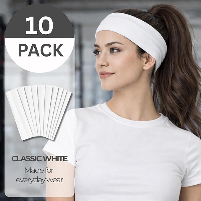 Styla Hair Headbands for Women Stretch Fashion Head Bands 10 Pack Non-Slip Head Wraps Great for Spa, Sports, Yoga, Pilates, Running, Gym Headband, Workouts (White)
