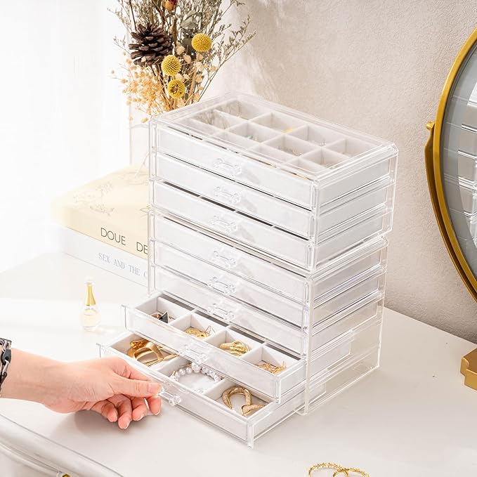 ProCase Earring Holder Organizer Jewelry Box with 8 Drawers, Acrylic Clear Earring Case with Adjustable Velvet Trays for Women - Warmwhite,8 Layers