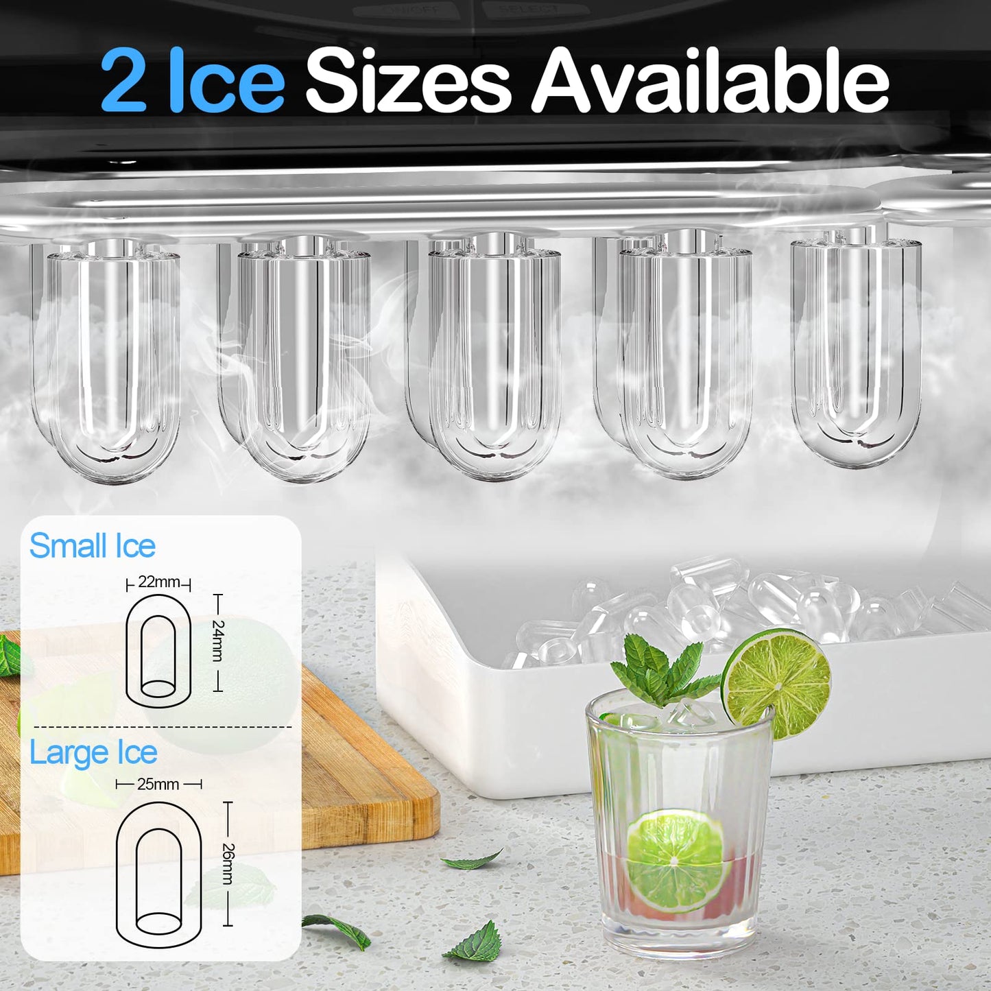 SPECILITE Ice Makers Countertop, Compact Counter Machine, Self Cleaning, 26L/24H, 9 Ice Cubes S/L Pellet in 6-8 Mins, Portable Icemaker with Pouch/Bag/Scoop/Basket for Home Kitchen Office Bar (Black)
