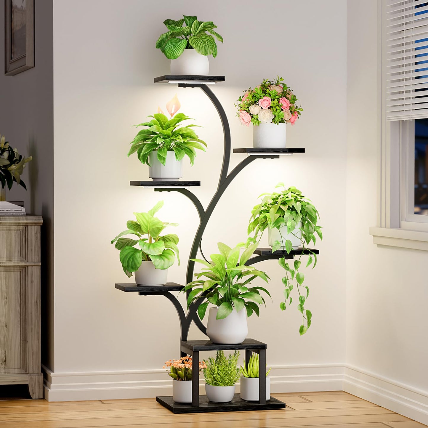 BACEKOLL Plant Stand Indoor with Grow Lights, 7 Tiered Indoor Plant Shelf, 49" Corner Plant Stands for Indoor Plants, Metal Plant Flower Display Shelf, Tree-Shaped Plant Rack for Home, Black