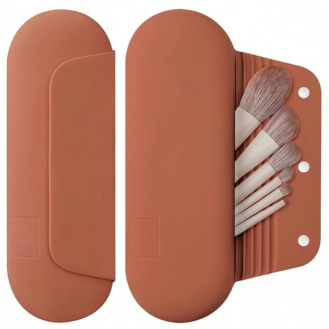 Silicone Makeup Brush Holder Travel Cosmetic Bag：Soft Portable Cosmetic Face Brushes Holder with Upgrade Anti-Fall Out Magnetic Closure, Large Travel Makeup Brush Case - Brown